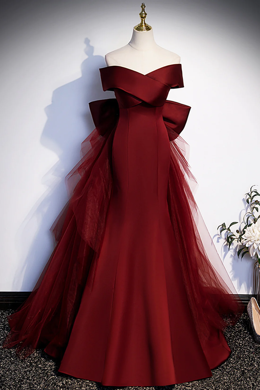 Burgundy V-Neck Satin Long Prom Dress, Mermaid Off Shoulder Evening Dress with Bow    S2575