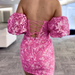 Hot Pink Sequin Lace Strapless Short Dress with Detachable Sleeves       S3684