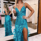 Plunging V-Neck Sequins Appliques Feathers Sparkly Prom Dress       S3712