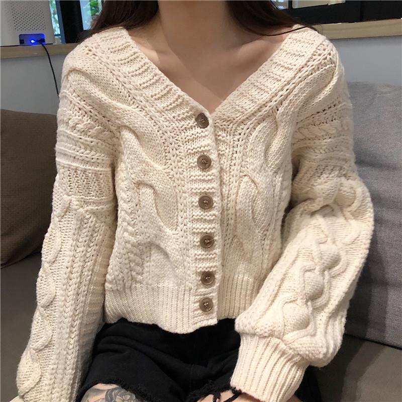 Autumn Winter Women's Cardigan Korean Style The Retro Solid Color V-neck Knitted Cardigan Loose Short Twist Sweater Coats     S2778