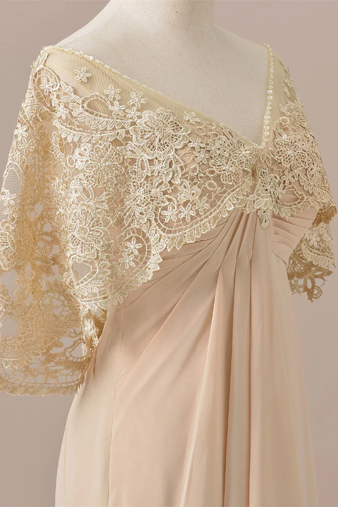 Ruffles Chiffon Long Mother of the Bride Dress with Lace Cape       S3687