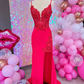 V Neck Mermaid Lace Long Prom Dresses with High Slit, Mermaid Lace Long Formal Evening Dresses       S5381