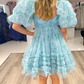 Blue Floral Print Short Baby Doll Homecoming Dress with Balloon Sleeves      S2614