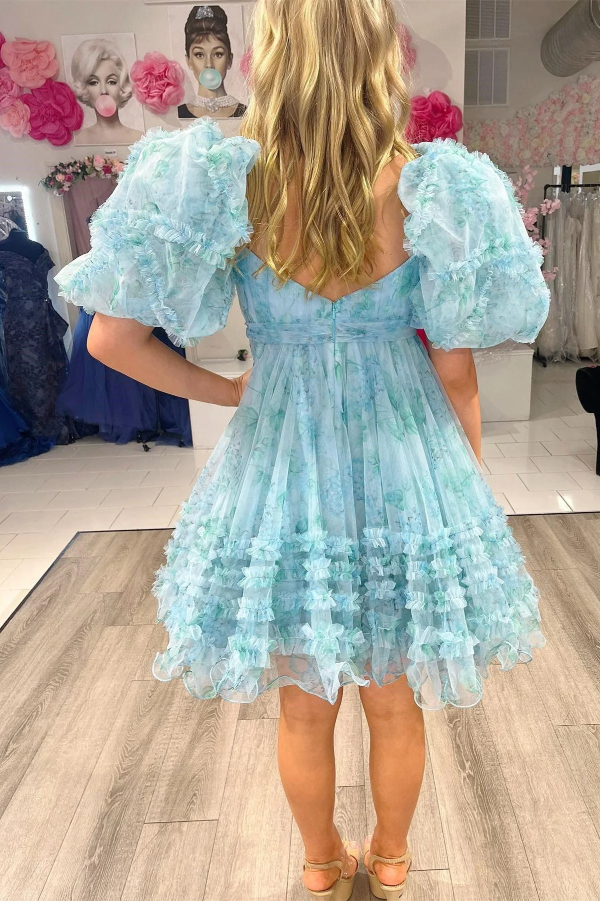 Blue Floral Print Short Baby Doll Homecoming Dress with Balloon Sleeves      S2614