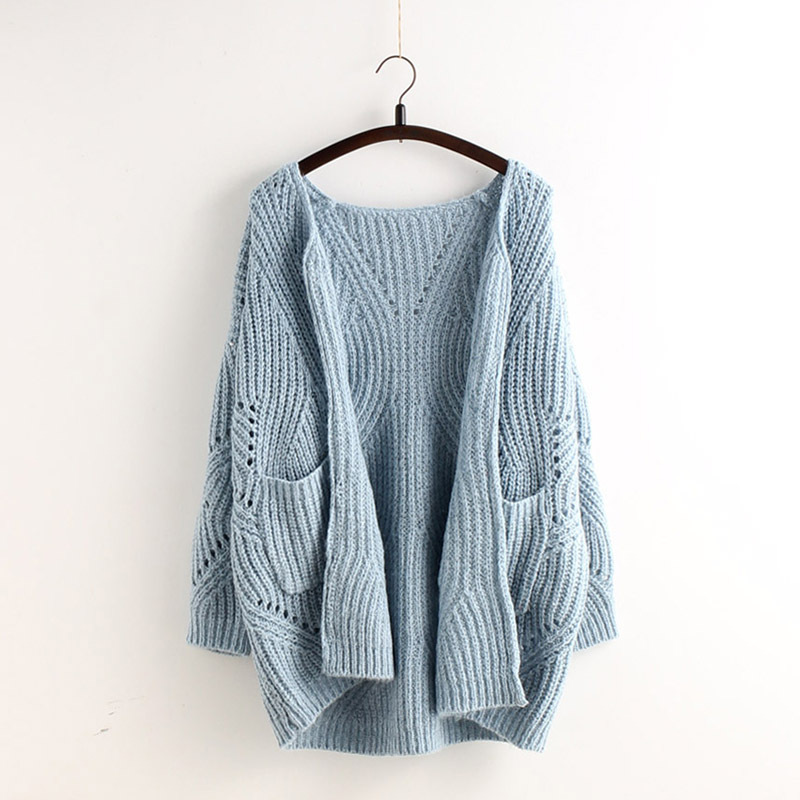 Pocket Loose Knit Cable Hollow Solid Color Sweater      S3047