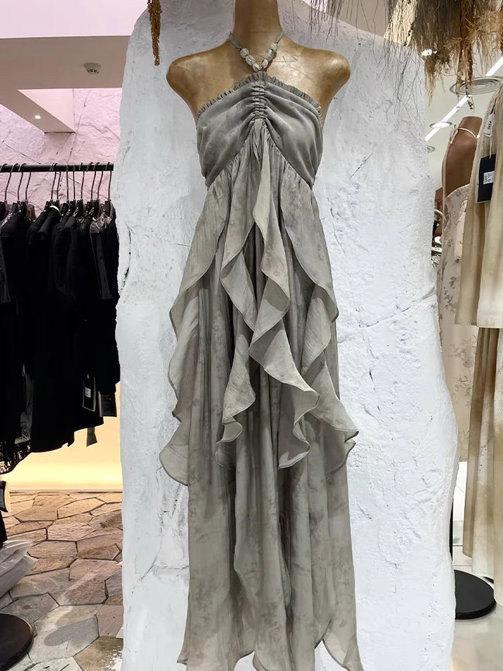 Cute A line Halter Ruffled Floral Blue Women's Long Vacation Dresses       S5423