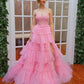 Gorgeous Sweetheart Neck Strapless High Slit Pink Lace Long Prom Dresses, Pink Lace Formal Dresses, Pink Evening Dresses    S7197