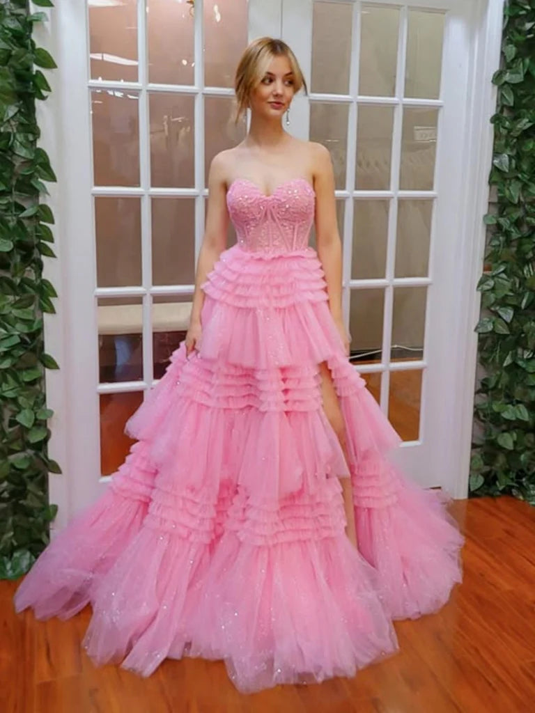 Gorgeous Sweetheart Neck Strapless High Slit Pink Lace Long Prom Dresses, Pink Lace Formal Dresses, Pink Evening Dresses    S7197