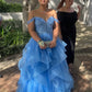 Off the Shoulder Fluffy Light Blue Lace Long Prom Dresses, Light Blue Lace Formal Evening Dresses     S7195
