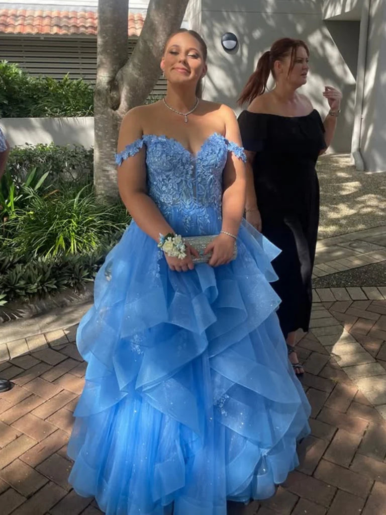 Off the Shoulder Fluffy Light Blue Lace Long Prom Dresses, Light Blue Lace Formal Evening Dresses     S7195