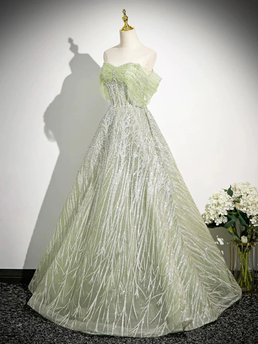 Green Tulle Sequins Long Prom Dress, Beautiful Off the Shoulder Party Dress         S7191