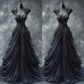 Black Gothic Wedding Dresses Ruched Lace Appliques V Neck Sleeveless Bridal Gown      S7126