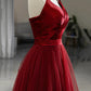 Burgundy V-Neck Satin Tulle Long Prom Dress, A-Line Strapless Evening Party Dress        S7192