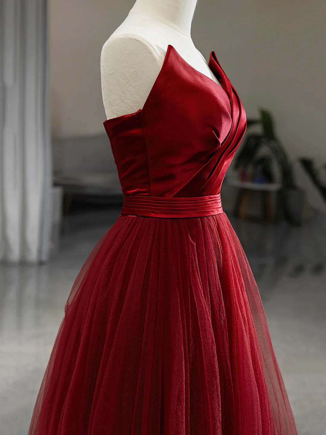 Burgundy V-Neck Satin Tulle Long Prom Dress, A-Line Strapless Evening Party Dress        S7192