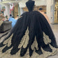 Black Gold Appliques Tulle Quinceanera Dresses With Cape Spaghetti Straps Ball Gown Sweet Sixteen Prom Party Dresses       S7165