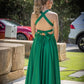 A Line V Neck Open Back Green Satin Long Prom Dresses, Long Green Formal Graduation Evening Dresses    S7196