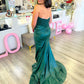 Sweetheart Neck Strapless Mermaid Green Lace Long Prom Dresses with Train, High Slit Green Lace Formal Graduation Evening Dresses    S7198