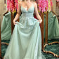 A Line V Neck Backless Sage Lace Long Prom Dresses with High Slit, Sage Lace Formal Dresses, Sage Evening Dresses      S7194