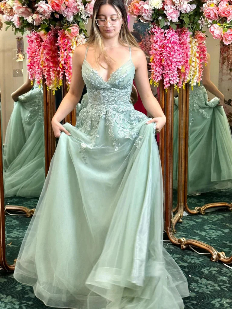 A Line V Neck Backless Sage Lace Long Prom Dresses with High Slit, Sage Lace Formal Dresses, Sage Evening Dresses      S7194