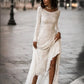 Vintage Floral Boho Lace Wedding Dress with Sleeves Modest Boat Neck Low-V Back Princess Bridal Gown      S7088