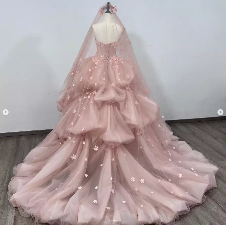 Pink Ruffle Quinceanera Dress 3D Flower Princess Sleeveless Sweet 15 Ball Gown     S7202
