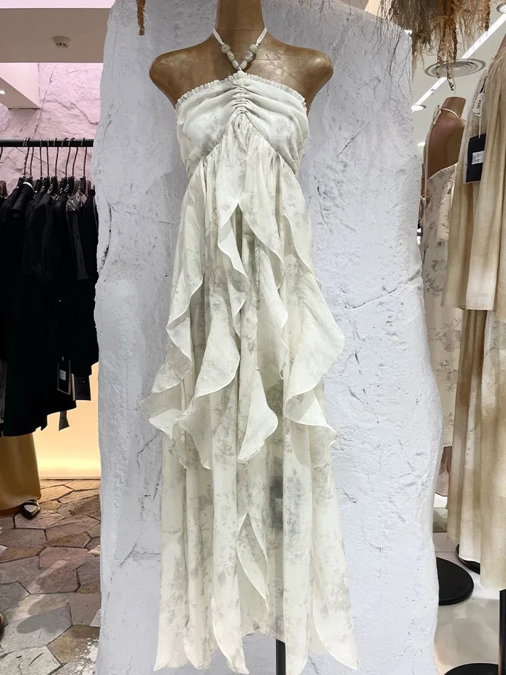 Cute A line Halter Ruffled Floral Blue Women's Long Vacation Dresses       S5423