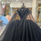 Black Gold Appliques Tulle Quinceanera Dresses With Cape Spaghetti Straps Ball Gown Sweet Sixteen Prom Party Dresses       S7165