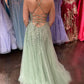 A Line V Neck Backless Sage Lace Long Prom Dresses with High Slit, Sage Lace Formal Dresses, Sage Evening Dresses      S7194