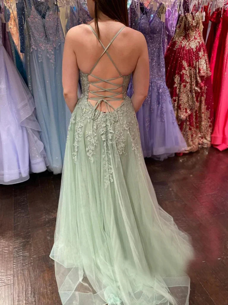 A Line V Neck Backless Sage Lace Long Prom Dresses with High Slit, Sage Lace Formal Dresses, Sage Evening Dresses      S7194