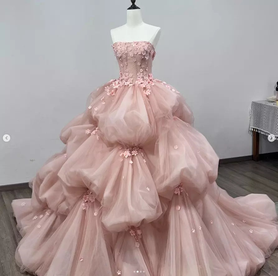 Pink Ruffle Quinceanera Dress 3D Flower Princess Sleeveless Sweet 15 Ball Gown     S7202