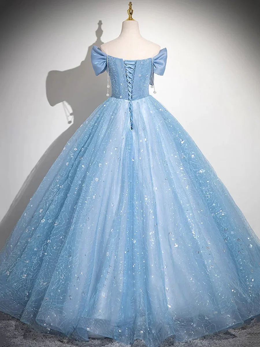 Light Blue Tulle Sequins Long Prom Dress, Lovely A-Line Evening Party Dress        S7193