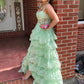 A Line Sweetheart Neck Layered Mint Green Lace Long Prom Dresses with High Slit, Mint Green Lace Formal Graduation Evening Dresses     S7200