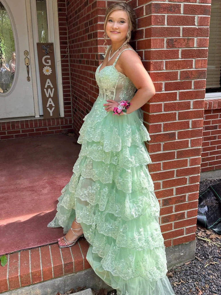 A Line Sweetheart Neck Layered Mint Green Lace Long Prom Dresses with High Slit, Mint Green Lace Formal Graduation Evening Dresses     S7200