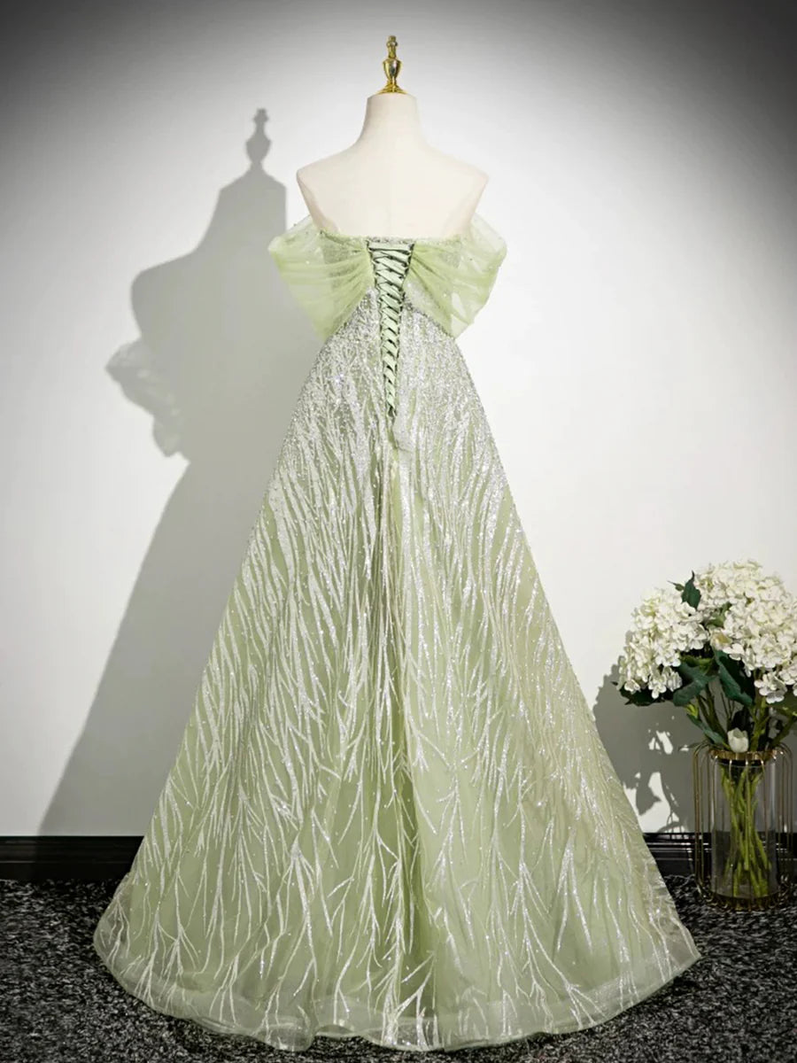 Green Tulle Sequins Long Prom Dress, Beautiful Off the Shoulder Party Dress         S7191