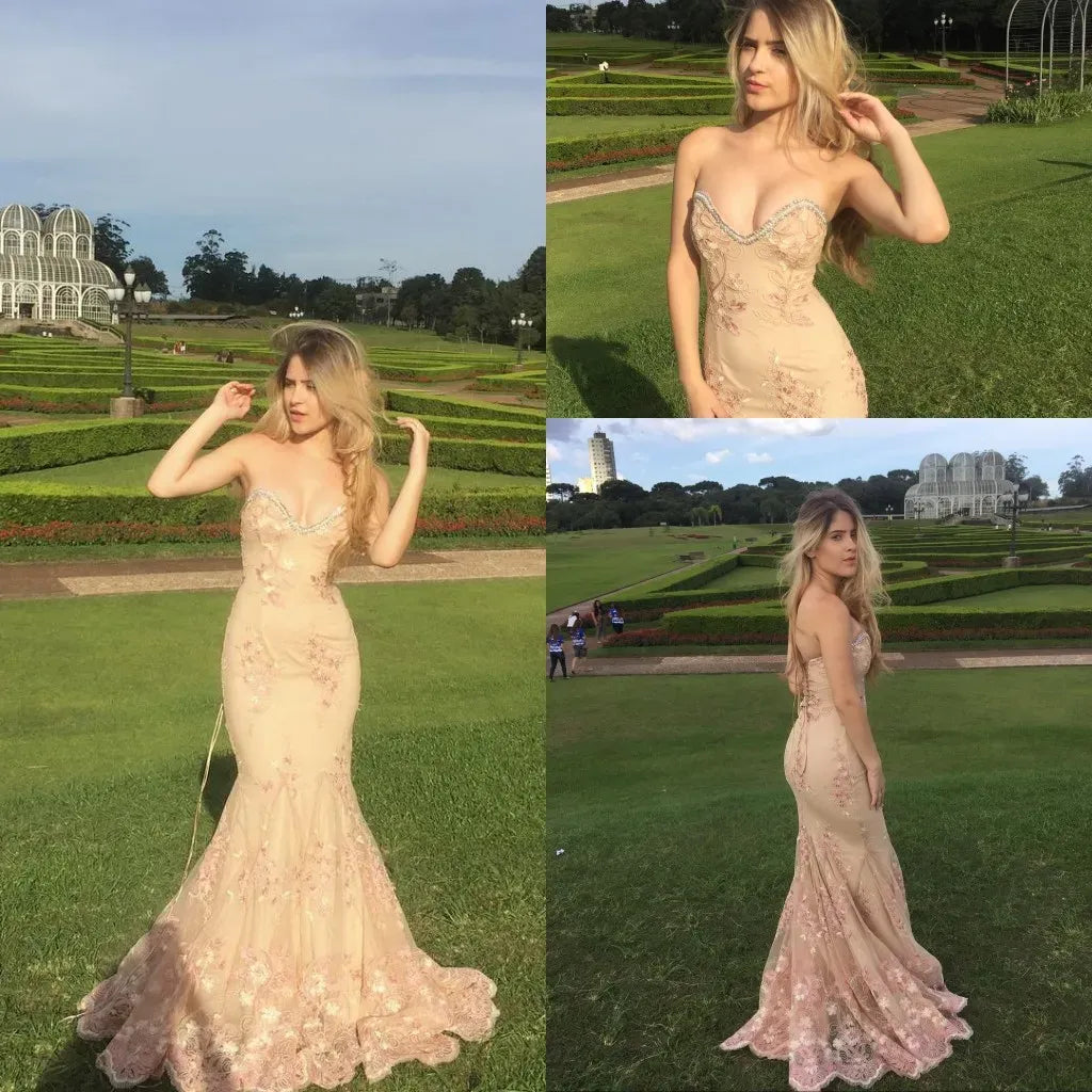 Sexy Nude Sweetheart Strapless Mermaid Lace Long Prom Dress        S3534