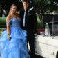 Off the Shoulder Fluffy Light Blue Lace Long Prom Dresses, Light Blue Lace Formal Evening Dresses     S7195