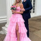 Pink V-Neck Tulle Long Ball Gown      S1373