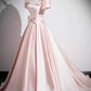 Pink Satin Short Sleeves A-line Long Party Dress, Pink Satin Prom Dress        S7171