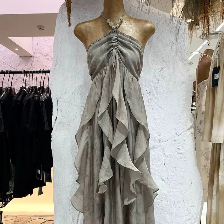 Cute A line Halter Ruffled Floral Blue Women's Long Vacation Dresses       S5423