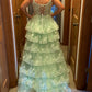 A Line Sweetheart Neck Layered Mint Green Lace Long Prom Dresses with High Slit, Mint Green Lace Formal Graduation Evening Dresses     S7200