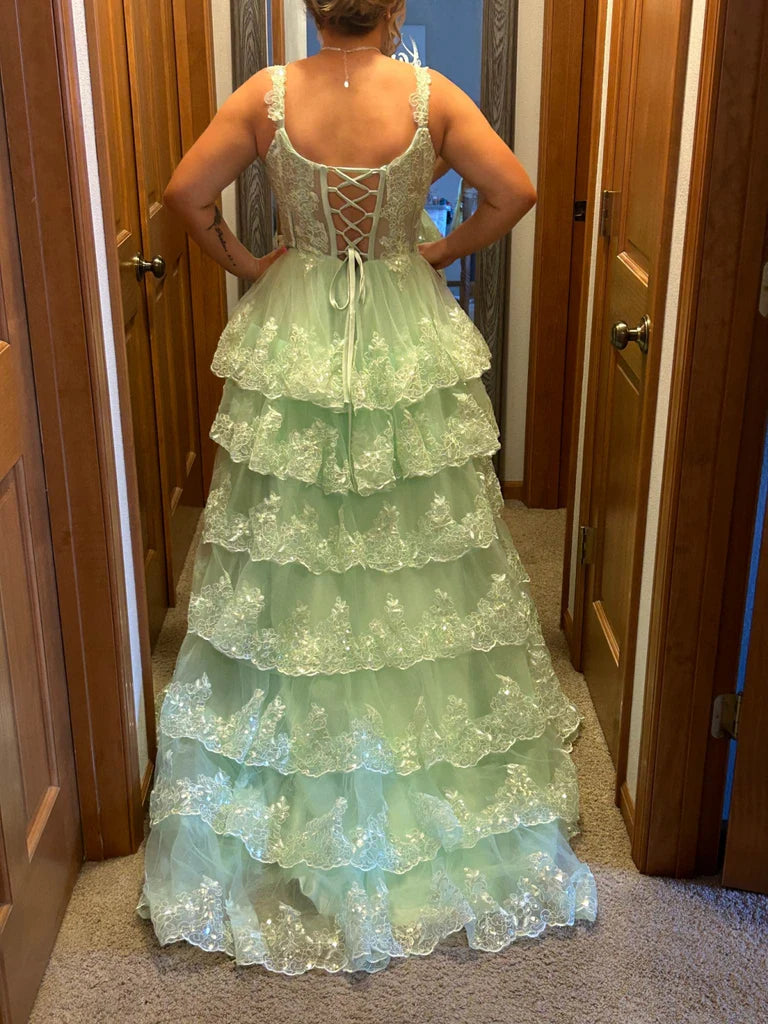 A Line Sweetheart Neck Layered Mint Green Lace Long Prom Dresses with High Slit, Mint Green Lace Formal Graduation Evening Dresses     S7200