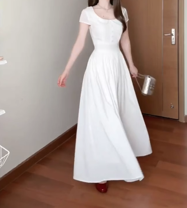 Elegant and decent skirt, gentle style, beautiful waist A-line white dress R0717