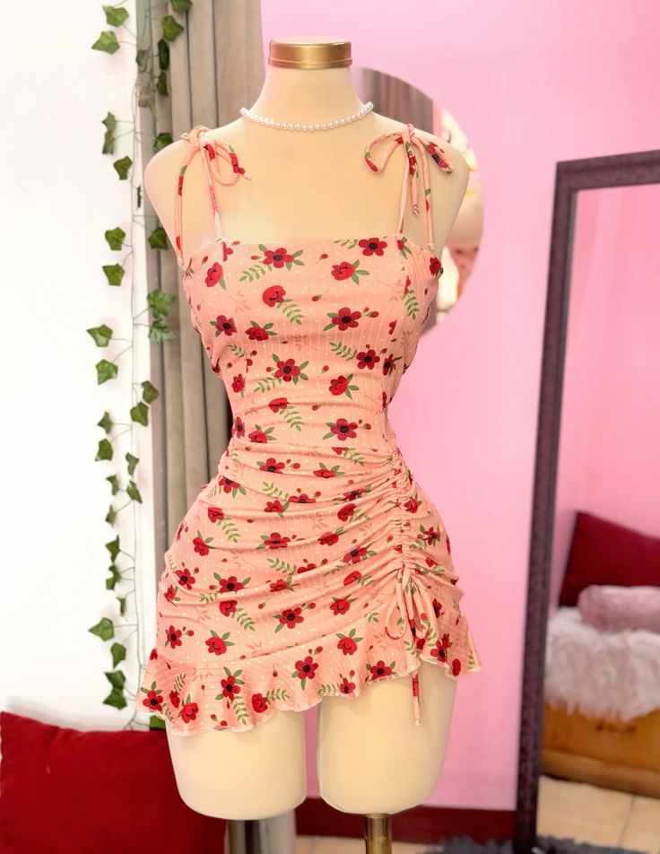 Pink Fresh Small Floral Sling Waist Short Skirt Homecoming Dress R3110