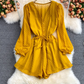 New fashion loose v-neck single-breasted waist strap chiffon puff sleeve jumpsuit wide-leg shorts trend R0350