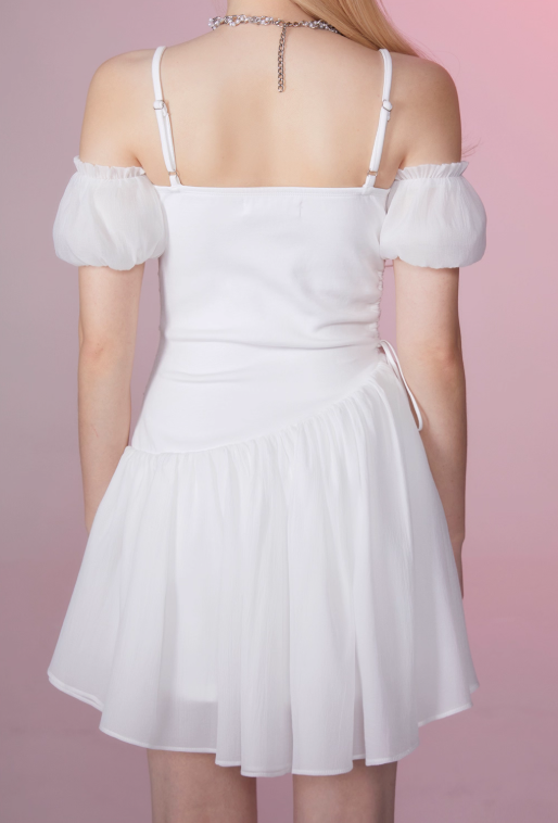 White Moonlight Pleated Tie Waist Off-Shoulder Puff Sleeve Dress R5253