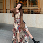 Fairy oil painting style suspender skirt swallowtail skirt dress lace cardigan two-piece suit R1718