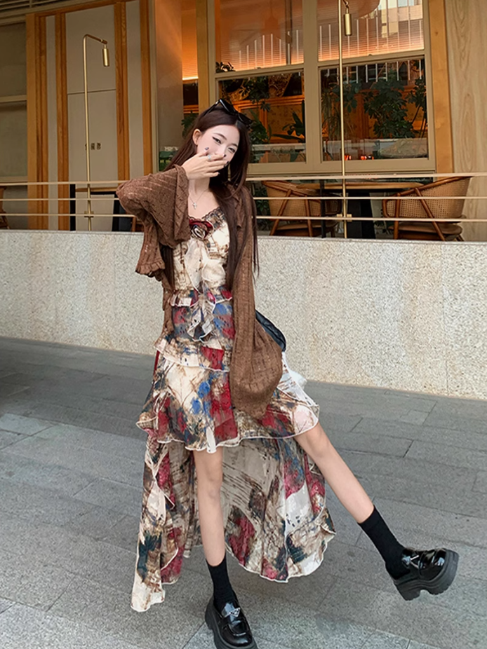 Fairy oil painting style suspender skirt swallowtail skirt dress lace cardigan two-piece suit R1718