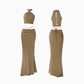 Sexy hot girl sleeveless twist halter neck top 2025 low waist hip long skirt suit R1391