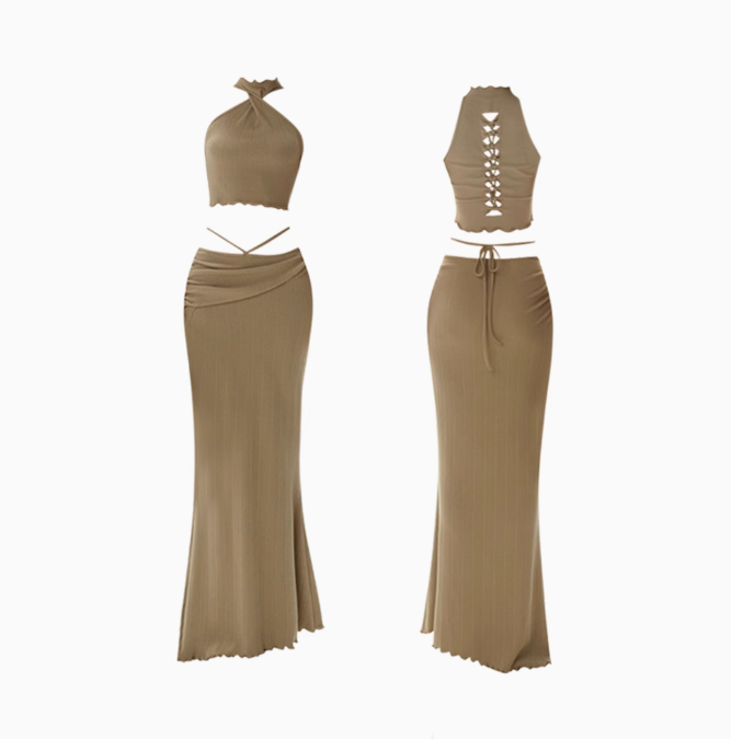 Sexy hot girl sleeveless twist halter neck top 2025 low waist hip long skirt suit R1391