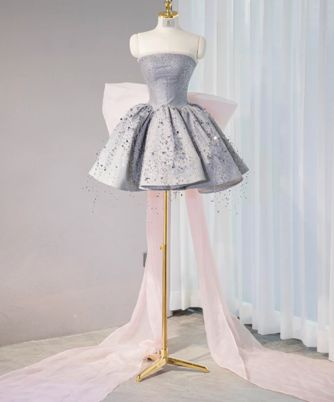 Gray tube top slim waist large swing skirt puffy skirt homecoming dress R4162